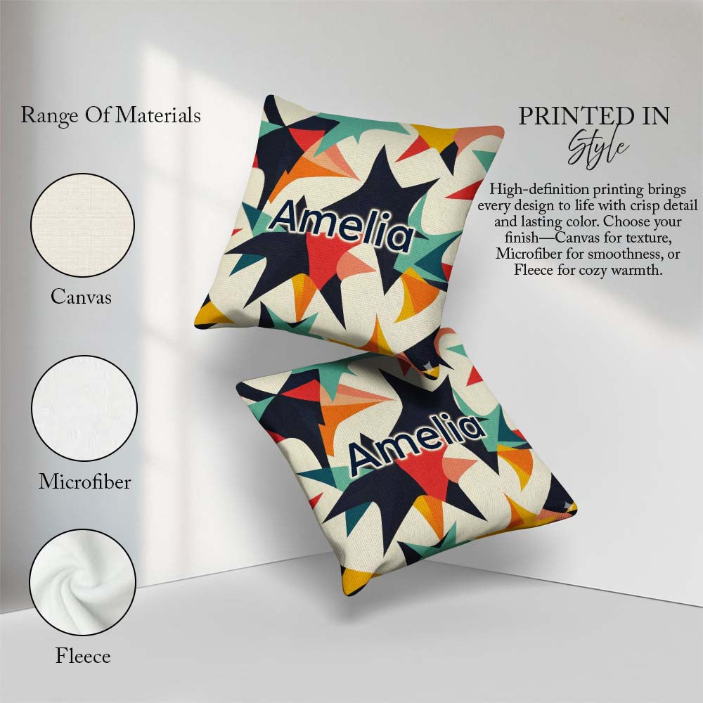 Custom Name Abstract Bold Starburst Shapes Art Pattern Name Cute Square Filled Cushion Throw Pillow Sofa Bed Home Decor Zip Washable UK Made
