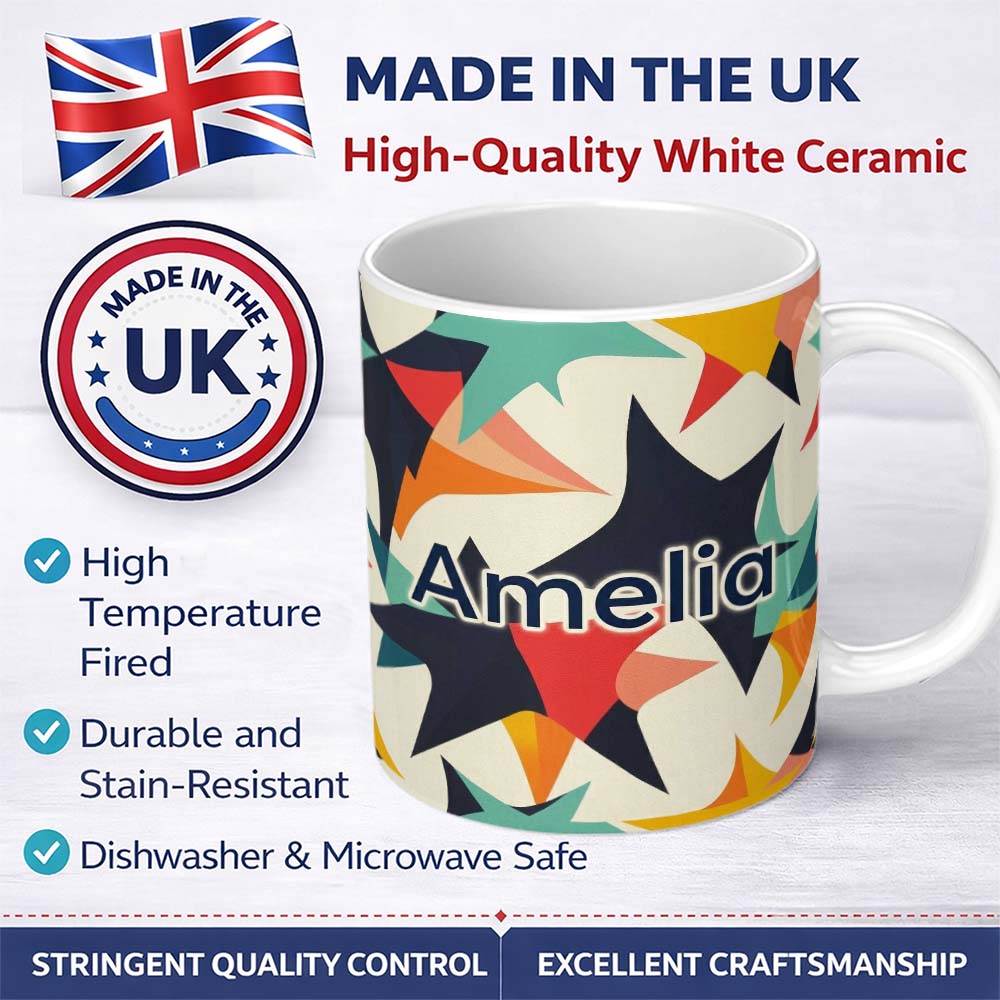 Personalized Custom Name Abstract Bold Starburst Shapes Modern Art Seamless Pattern Name Cute 11oz Ceramic Coffee Tea Mug White Large Handle
