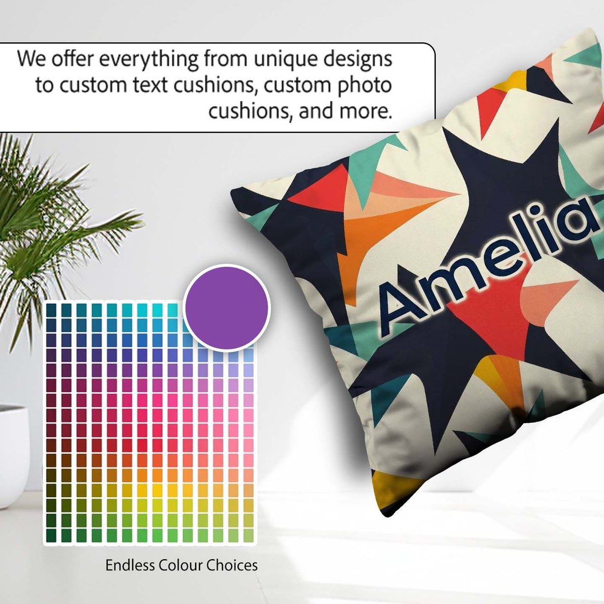 Custom Name Abstract Bold Starburst Shapes Art Pattern Name Cute Square Filled Cushion Throw Pillow Sofa Bed Home Decor Zip Washable UK Made