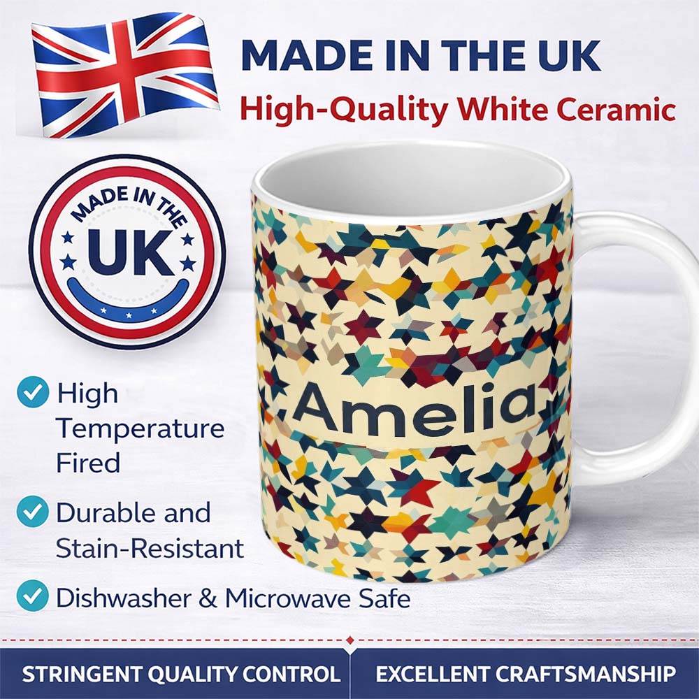 Personalized Custom Name Abstract Multicolor Star Mosaic Geometric Seamless Pattern Name Cute 11oz Ceramic Coffee Tea Mug White Large Handle