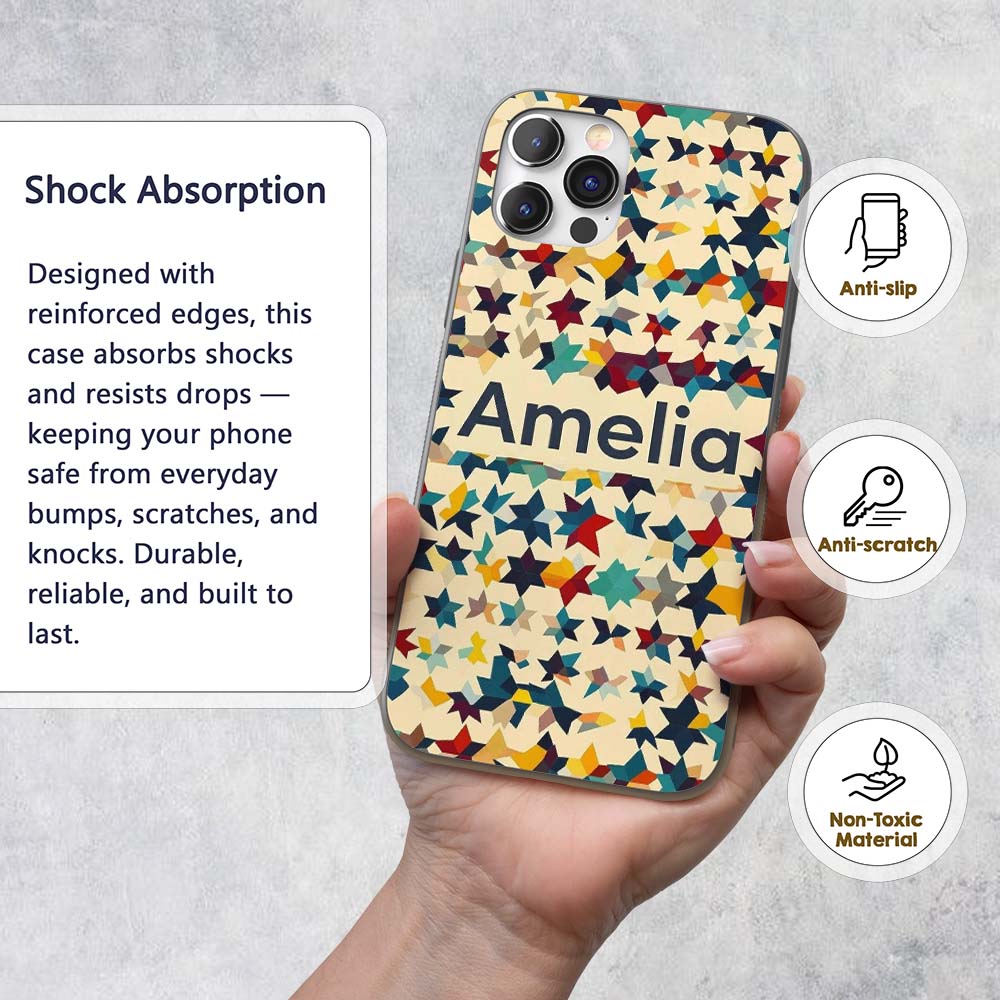 Abstract Multicolor Star Mosaic Printed Design Custom Name Protective Phone Case Mobile Cover Durable Everyday Smartphone Shock Resistant
