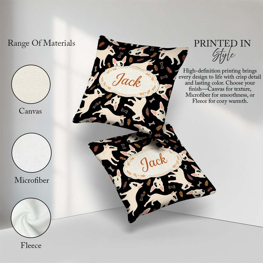 Custom Name Bull Terrier Dogs Background Leaves Seamless Pattern Square Filled Cushion Throw Pillow Sofa Bed Home Decor Zip Washable UK Made