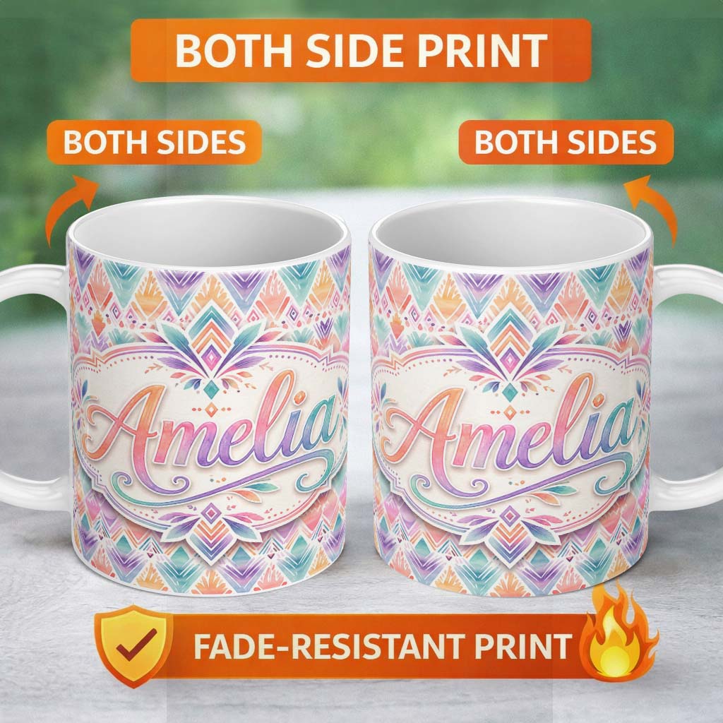 Personalized Custom Name Pastel Geometric Art Deco Watercolor Seamless Pattern Design Lovely 11oz Ceramic Coffee Tea Mug White Large Handle