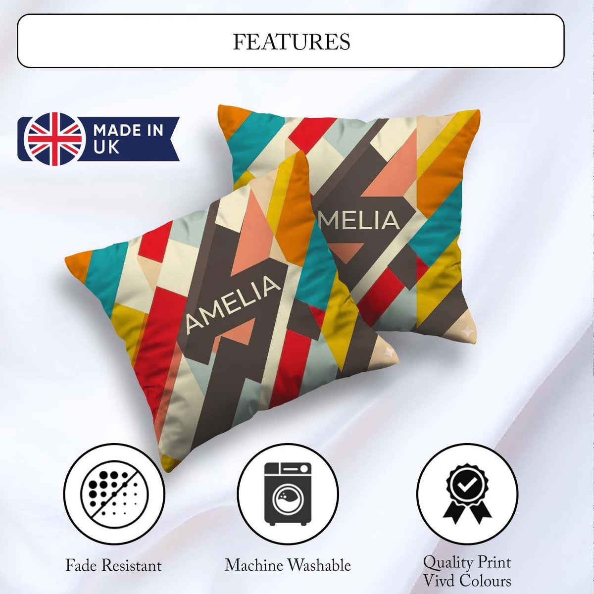 Custom Name Abstract Bold Layered Stripe Shapes Seamless Pattern Square Filled Cushion Throw Pillow Sofa Bed Home Decor Zip Washable UK Made