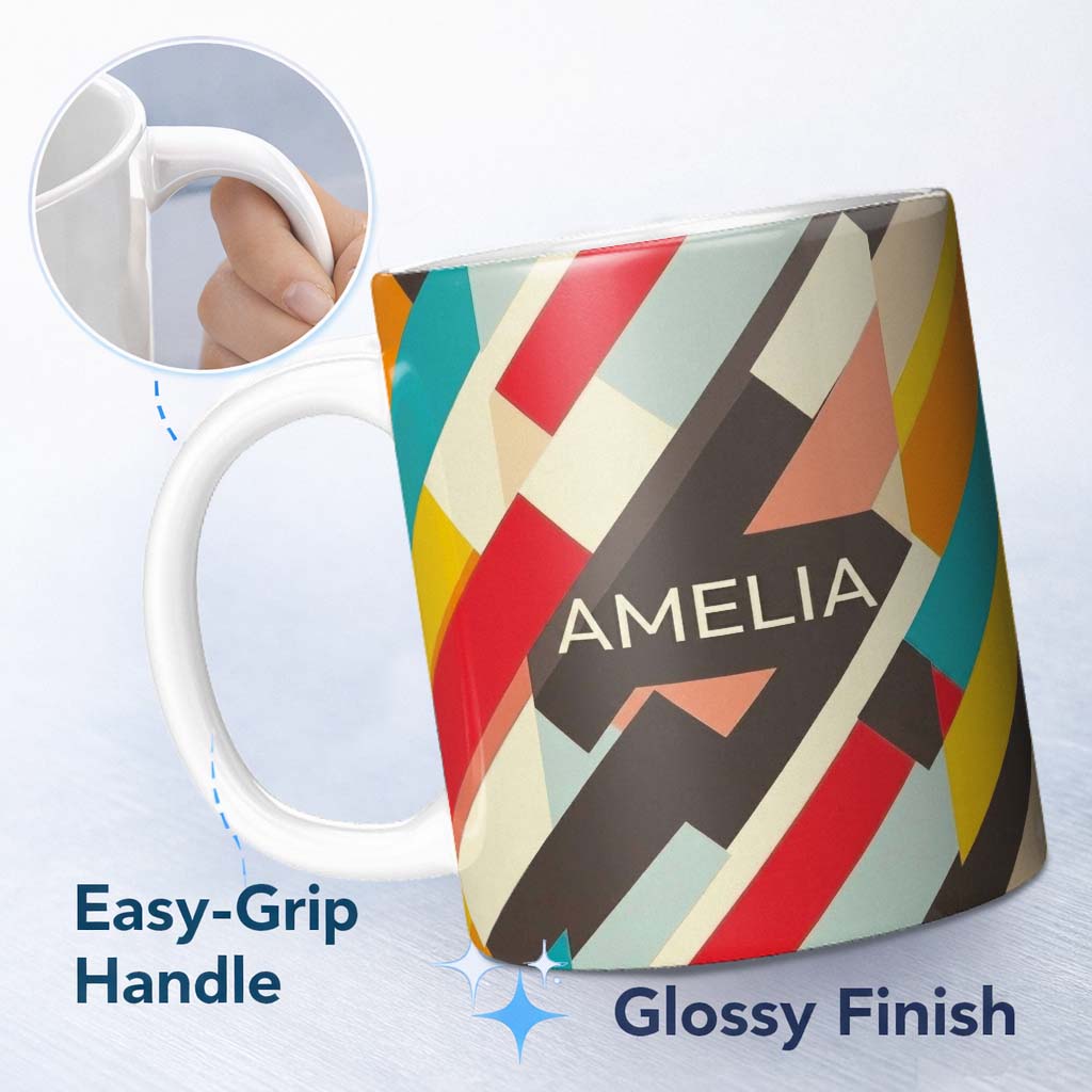 Personalized Custom Name Abstract Bold Layered Stripe Shapes Modern Art Seamless Pattern 11oz Ceramic Coffee Tea Mug White Large Handle