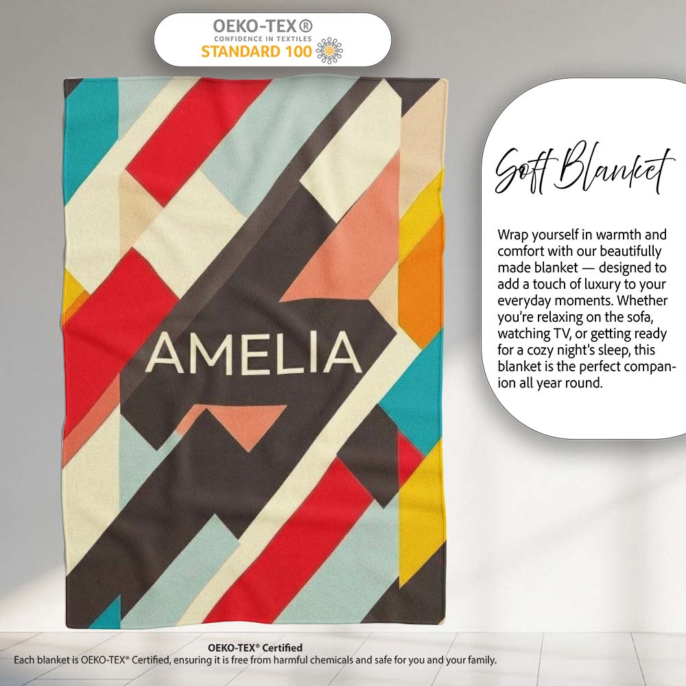 Abstract Bold Layered Stripe Shapes Modern Art Seamless Pattern Personalised Custom Name Super Soft Fleece Blanket Bed Sofa Throw