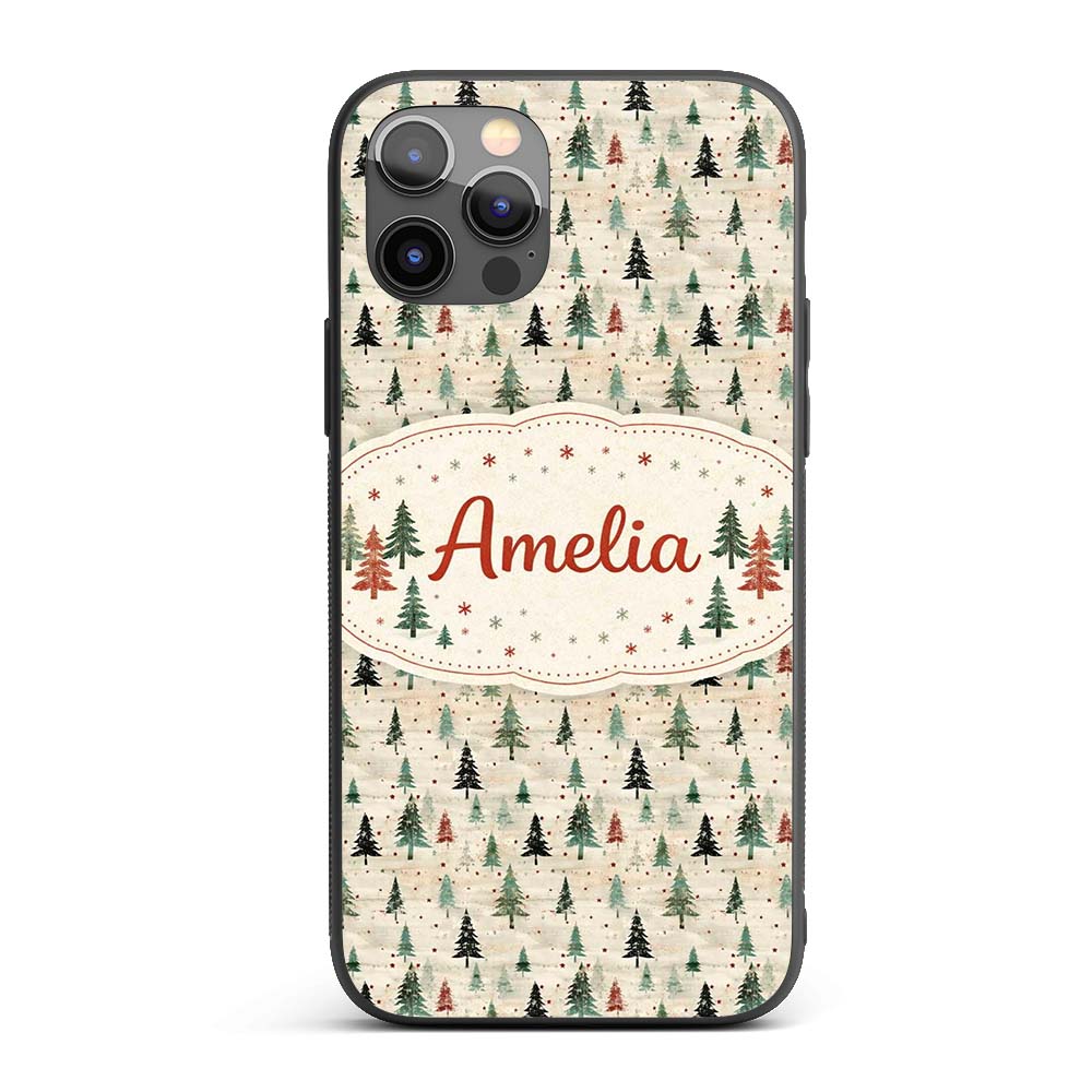 Watercolor Christmas Tree Green Orange Forest Custom Name Protective Phone Case Mobile Cover Durable Everyday Smartphone Shock Resistant