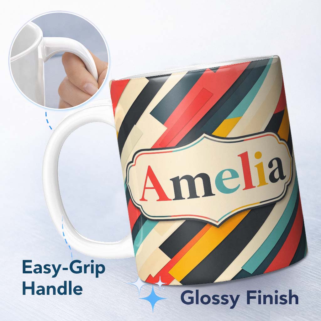 Personalized Custom Name Abstract Angled Color Block Stripes Contemporary Seamless Pattern 11oz Ceramic Coffee Tea Mug White Large Handle