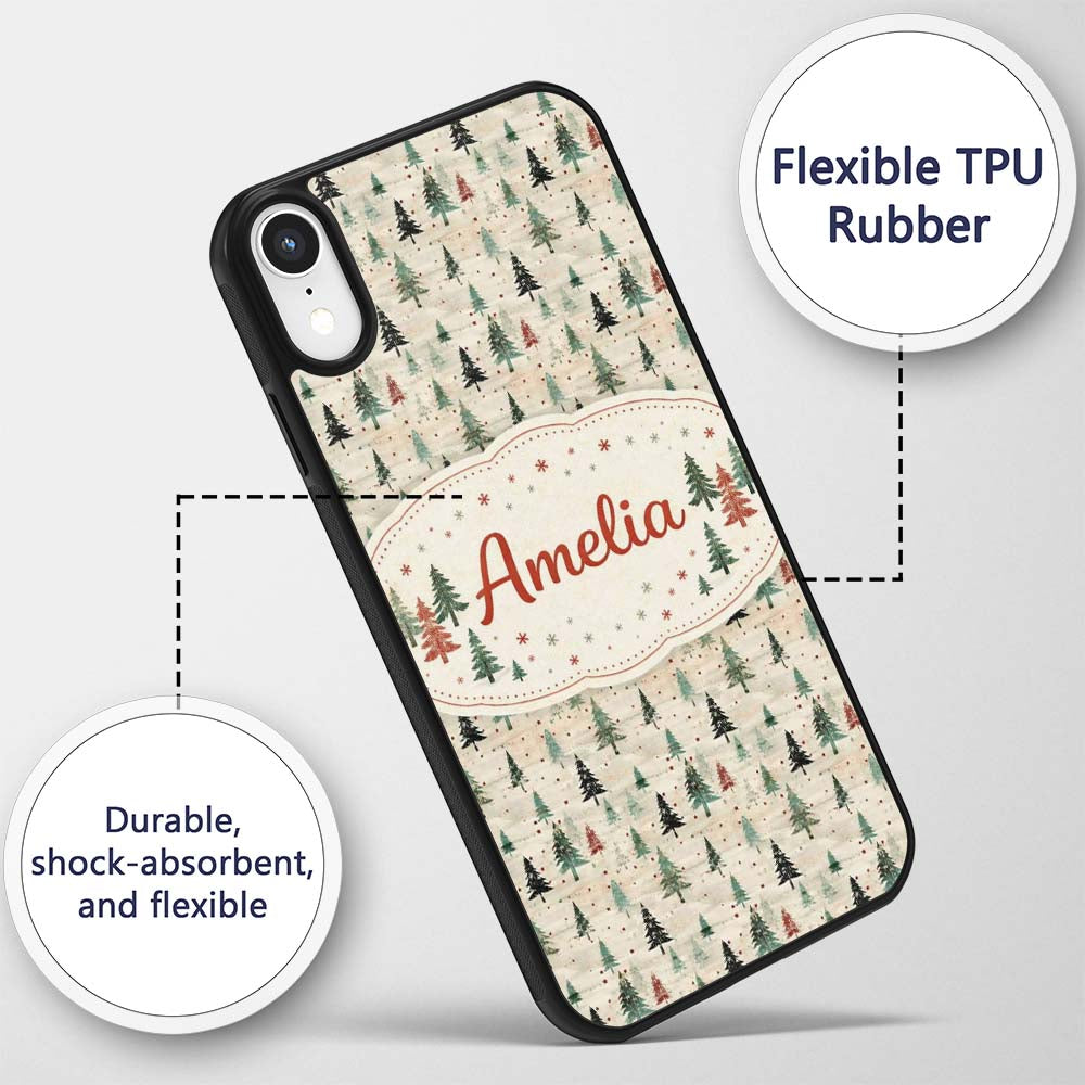 Watercolor Christmas Tree Green Orange Forest Custom Name Protective Phone Case Mobile Cover Durable Everyday Smartphone Shock Resistant
