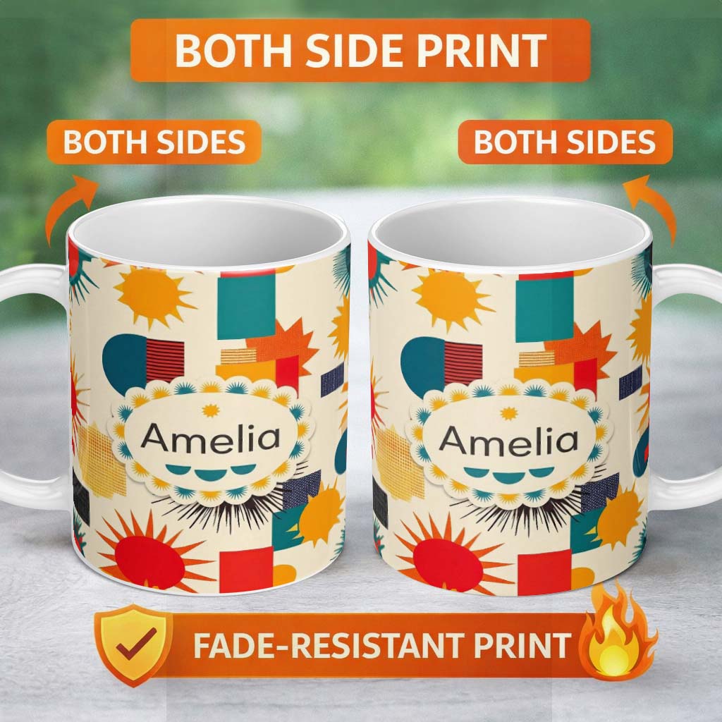 Personalized Custom Name Abstract Geometric Sunburst Shapes Mid Century Seamless Pattern 11oz Ceramic Coffee Tea Mug White Large Handle