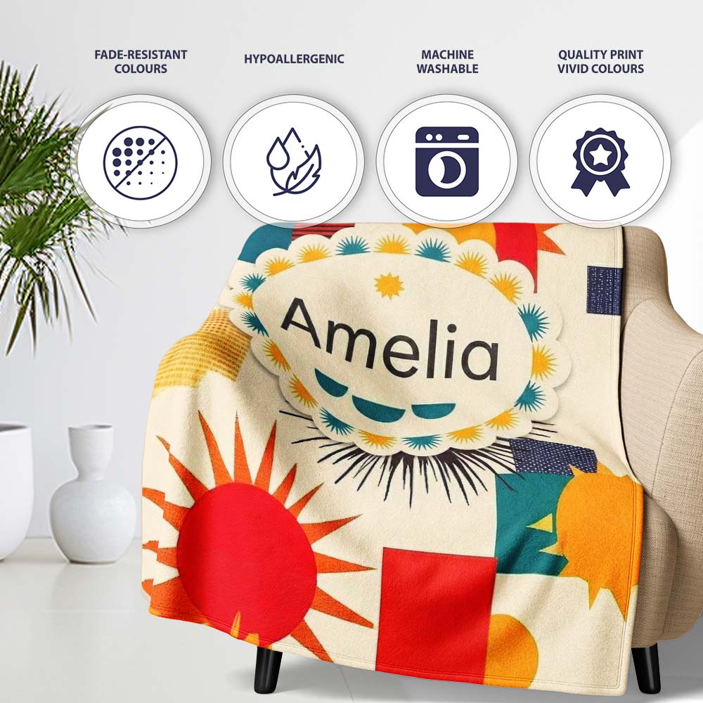 Abstract Geometric Sunburst Shapes Mid Century Seamless Pattern Personalised Custom Name Super Soft Fleece Blanket Bed Sofa Throw