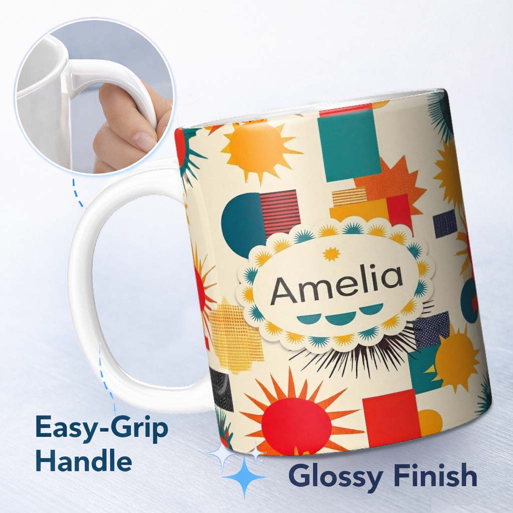 Personalized Custom Name Abstract Geometric Sunburst Shapes Mid Century Seamless Pattern 11oz Ceramic Coffee Tea Mug White Large Handle