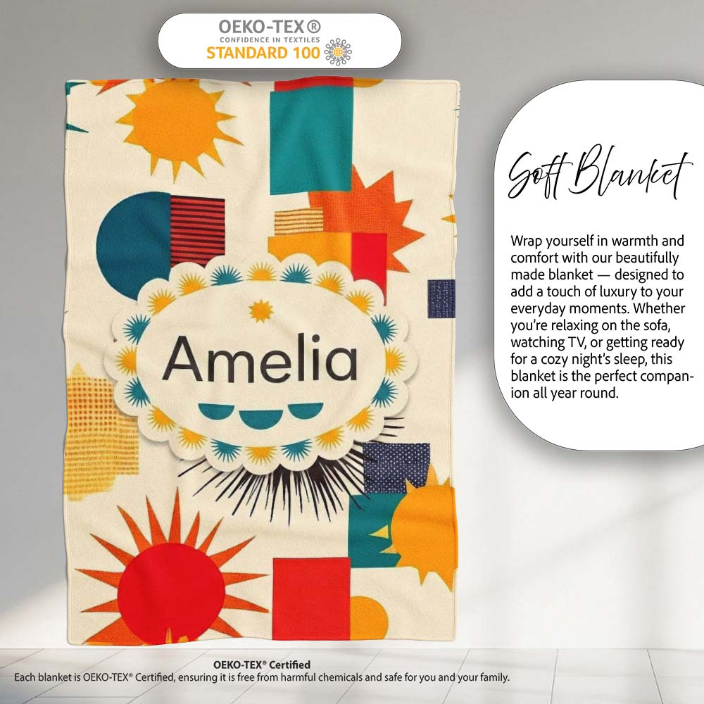 Abstract Geometric Sunburst Shapes Mid Century Seamless Pattern Personalised Custom Name Super Soft Fleece Blanket Bed Sofa Throw