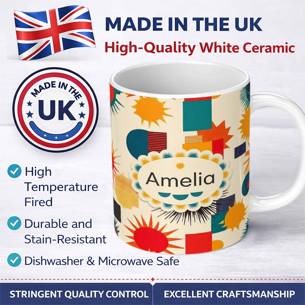Personalized Custom Name Abstract Geometric Sunburst Shapes Mid Century Seamless Pattern 11oz Ceramic Coffee Tea Mug White Large Handle