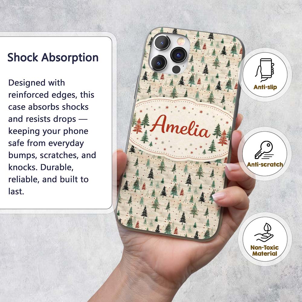 Watercolor Christmas Tree Green Orange Forest Custom Name Protective Phone Case Mobile Cover Durable Everyday Smartphone Shock Resistant