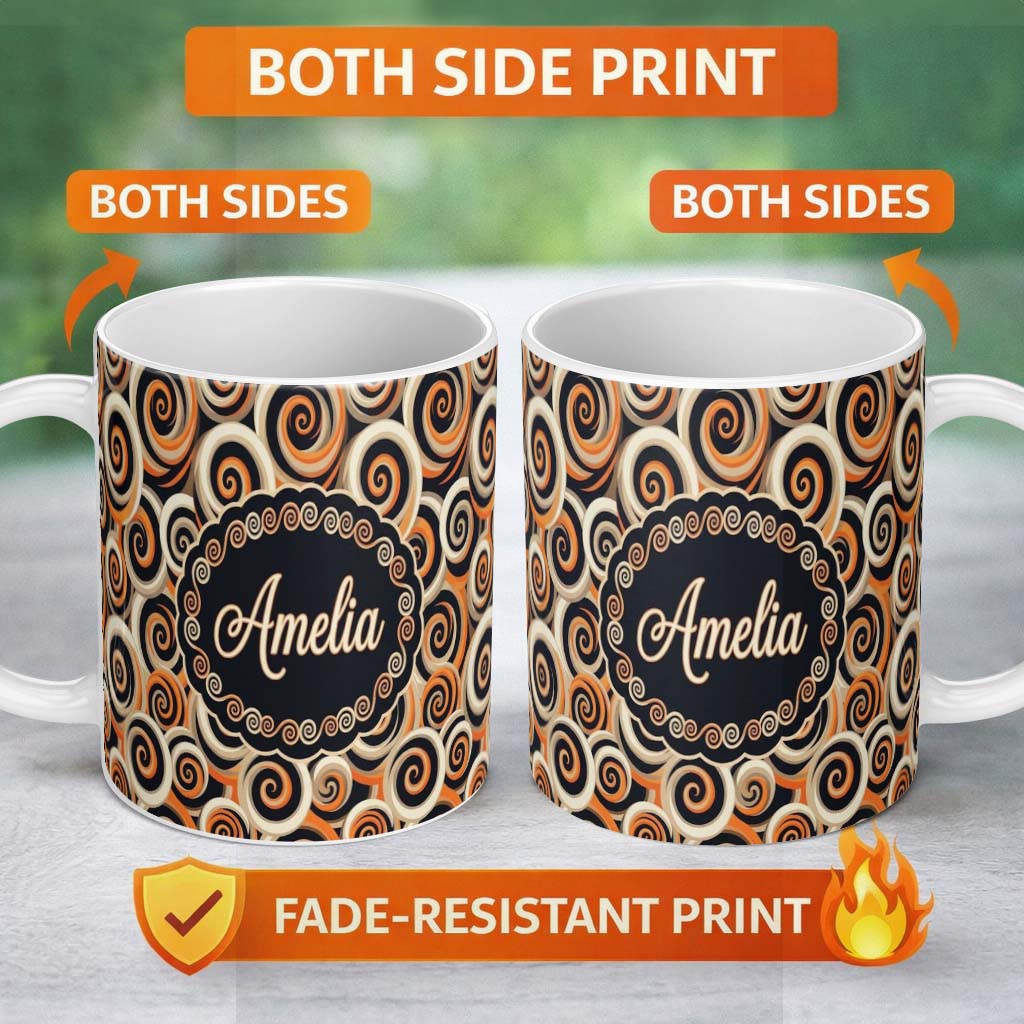 Personalized Custom Name Abstract Spiral Swirl Bold Contrast Seamless Pattern Name Cute 11oz Ceramic Coffee Tea Mug White Large Handle