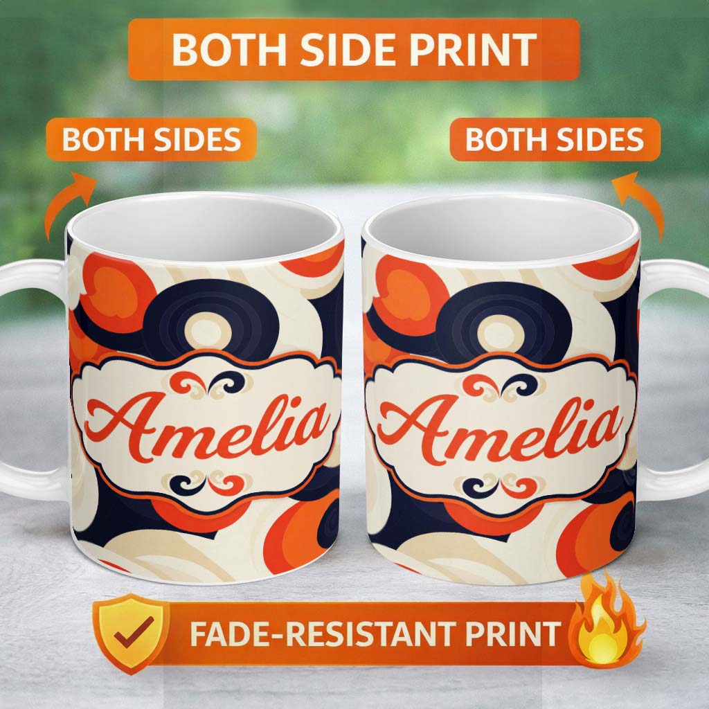 Personalized Custom Name Abstract Swirl Shapes Bold Contrast Seamless Pattern Name Cute 11oz Ceramic Coffee Tea Mug White Large Handle