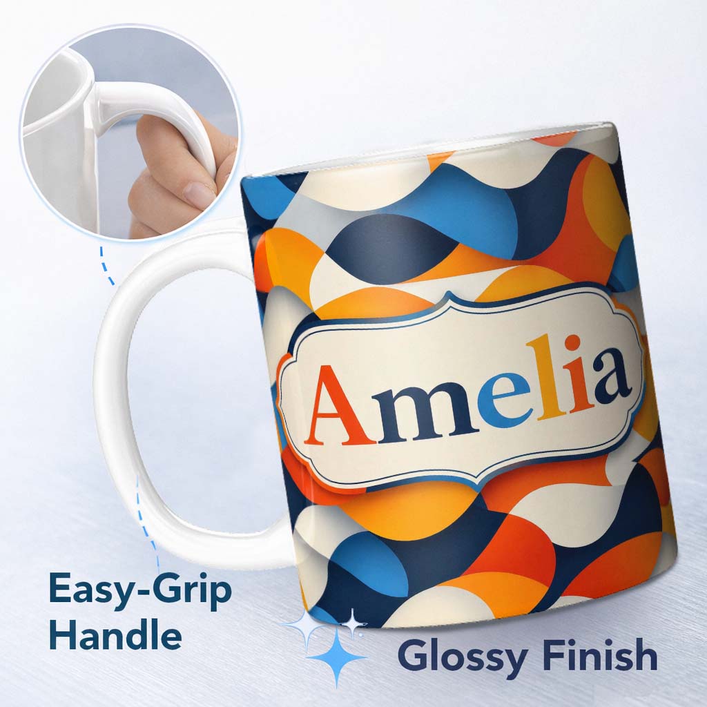 Personalized Custom Name Abstract Fluid Organic Shapes Modern Color Blend Seamless Pattern 11oz Ceramic Coffee Tea Mug White Large Handle