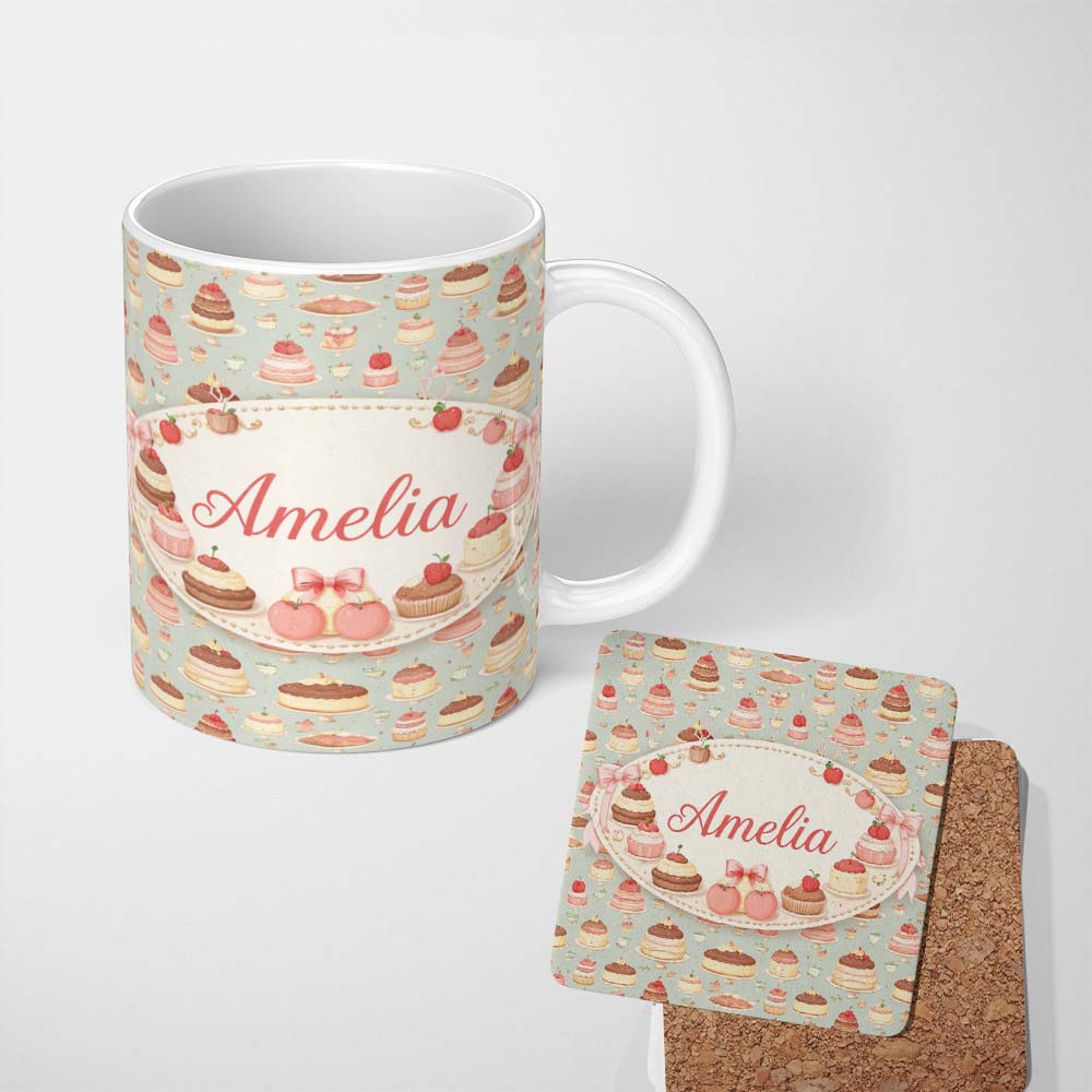 Personalized Custom Name Pastel Cake Slice Seamless Pattern Cute Dessert Sweet Food Design 11oz Ceramic Coffee Tea Mug White Large Handle