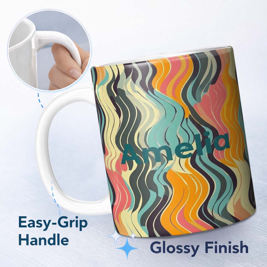 Personalized Custom Name Abstract Wavy Lines Soft Pastel Flow Seamless Pattern Name Cute 11oz Ceramic Coffee Tea Mug White Large Handle