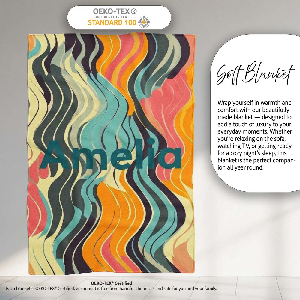 Abstract Wavy Lines Soft Pastel Flow Seamless Pattern Name Cute Personalised Custom Name Super Soft Fleece Blanket Bed Sofa Throw