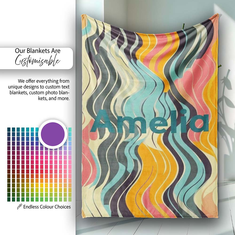 Abstract Wavy Lines Soft Pastel Flow Seamless Pattern Name Cute Personalised Custom Name Super Soft Fleece Blanket Bed Sofa Throw