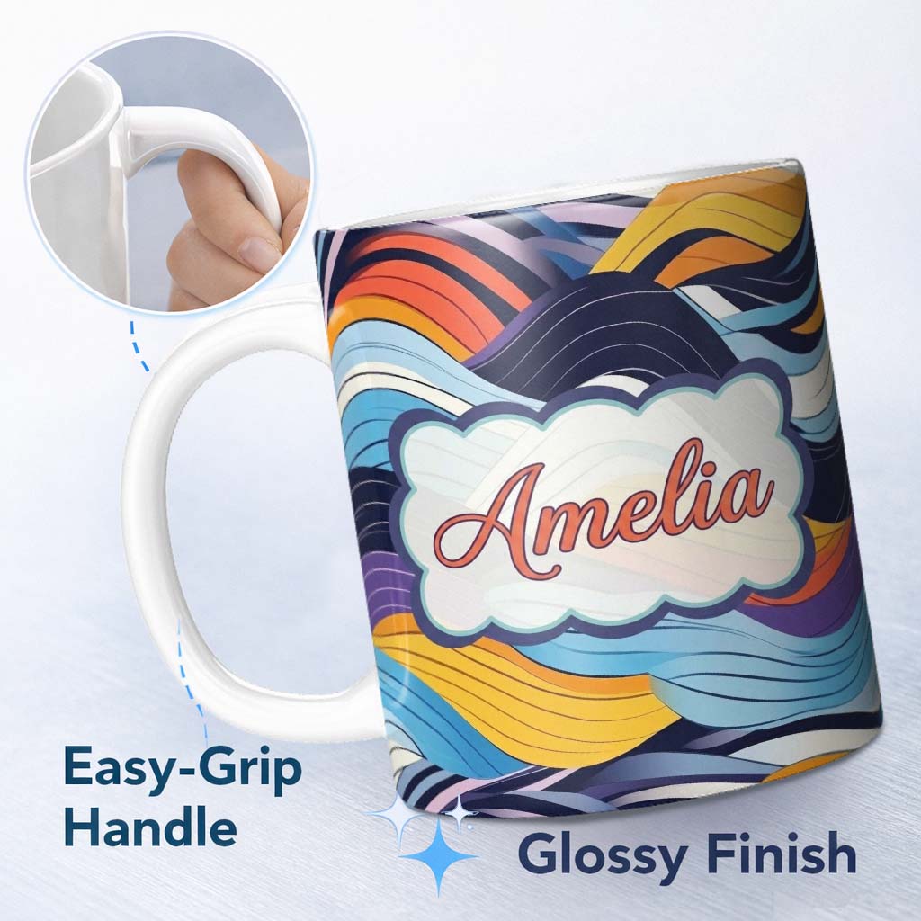 Personalized Custom Name Abstract Layered Wave Lines Dynamic Motion Seamless Pattern Name 11oz Ceramic Coffee Tea Mug White Large Handle