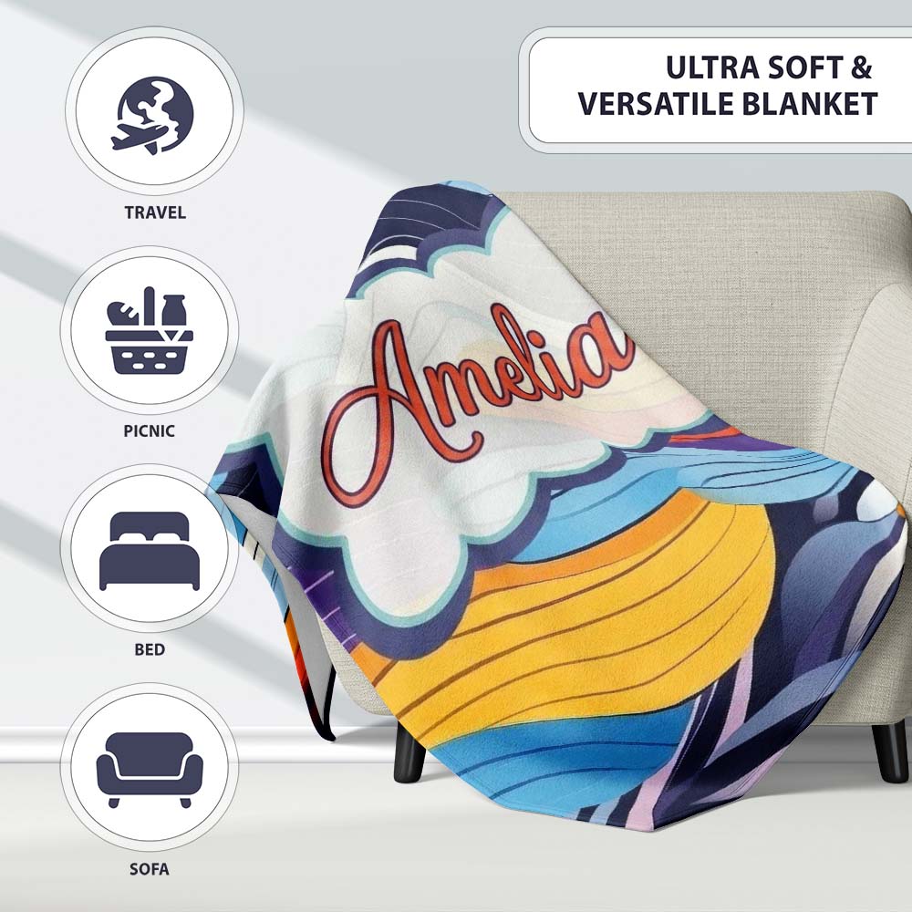 Abstract Layered Wave Lines Dynamic Motion Seamless Pattern Name Personalised Custom Name Super Soft Fleece Blanket Bed Sofa Throw