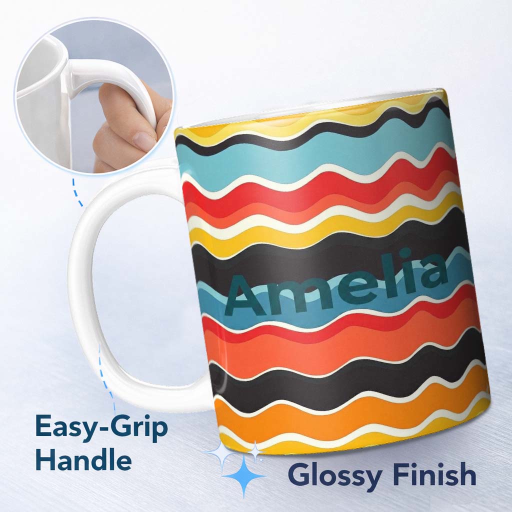 Personalized Custom Name Abstract Color Wave Stripes Horizontal Flow Seamless Pattern Name 11oz Ceramic Coffee Tea Mug White Large Handle