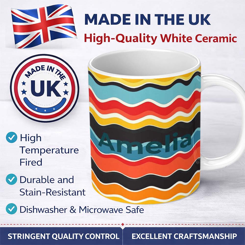 Personalized Custom Name Abstract Color Wave Stripes Horizontal Flow Seamless Pattern Name 11oz Ceramic Coffee Tea Mug White Large Handle