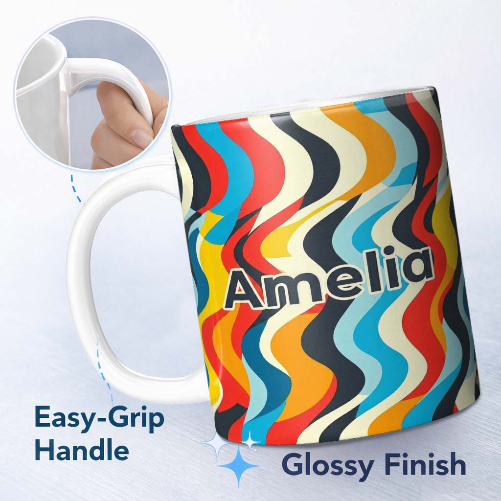 Personalized Custom Name Abstract Curved Ribbon Stripes Bold Seamless Pattern Name Cute 11oz Ceramic Coffee Tea Mug White Large Handle