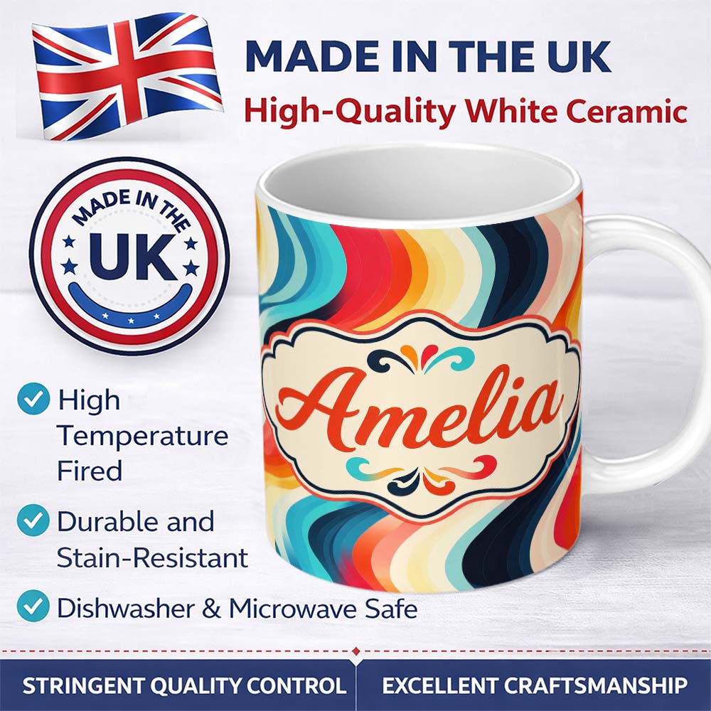 Personalized Custom Name Abstract Flowing Gradient Waves Modern Style Seamless Pattern Name 11oz Ceramic Coffee Tea Mug White Large Handle