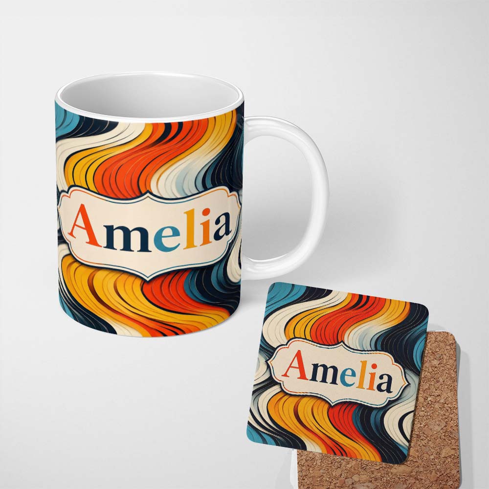 Personalized Custom Name Abstract Layered Wavy Lines Vibrant Seamless Pattern Name Cute 11oz Ceramic Coffee Tea Mug White Large Handle