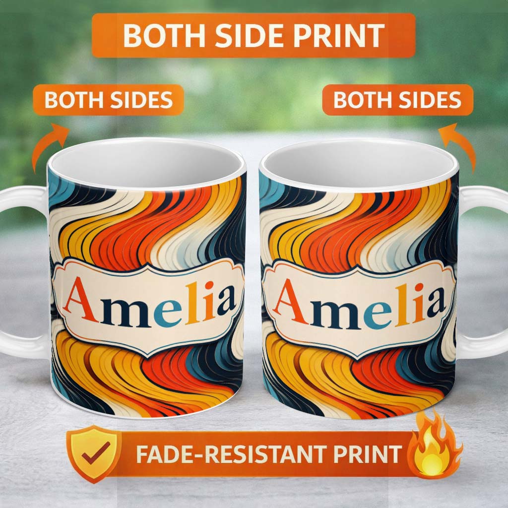 Personalized Custom Name Abstract Layered Wavy Lines Vibrant Seamless Pattern Name Cute 11oz Ceramic Coffee Tea Mug White Large Handle
