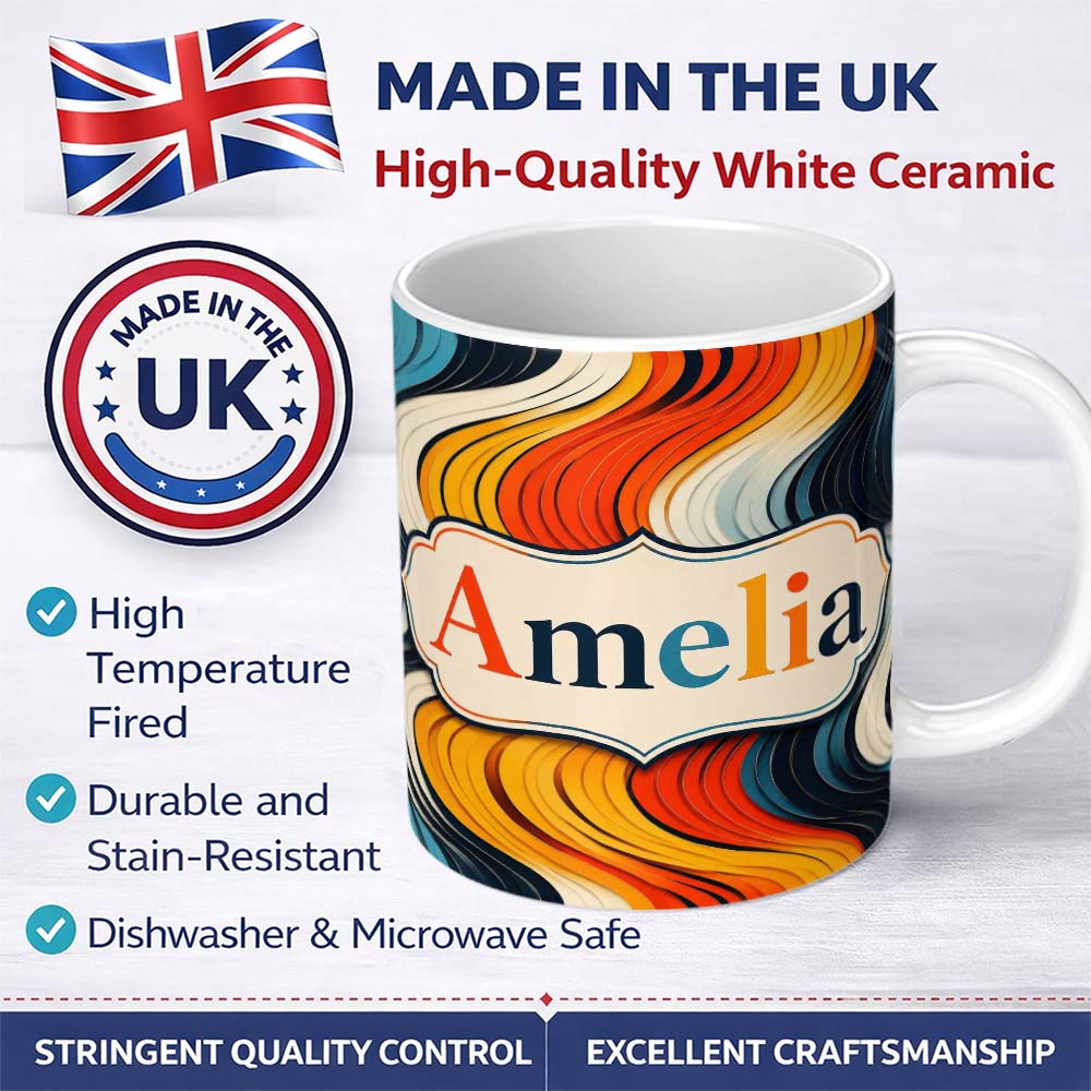 Personalized Custom Name Abstract Layered Wavy Lines Vibrant Seamless Pattern Name Cute 11oz Ceramic Coffee Tea Mug White Large Handle