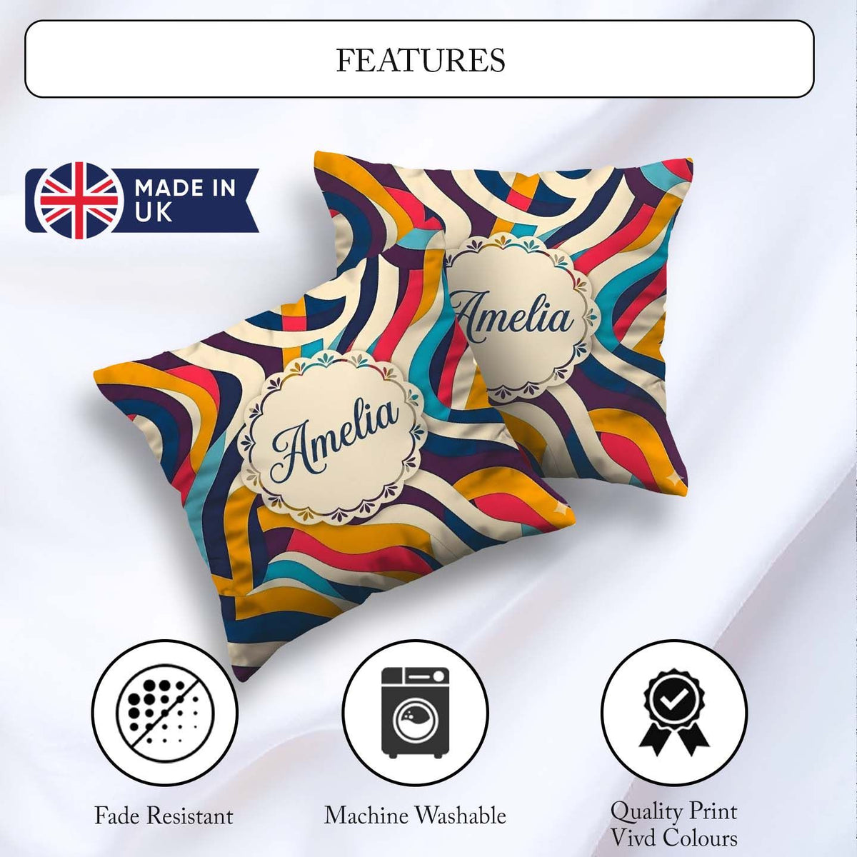 Custom Name Abstract Ribbon Waves Bold Colors Seamless Name Cute Square Filled Cushion Throw Pillow Sofa Bed Home Decor Zip Washable UK Made