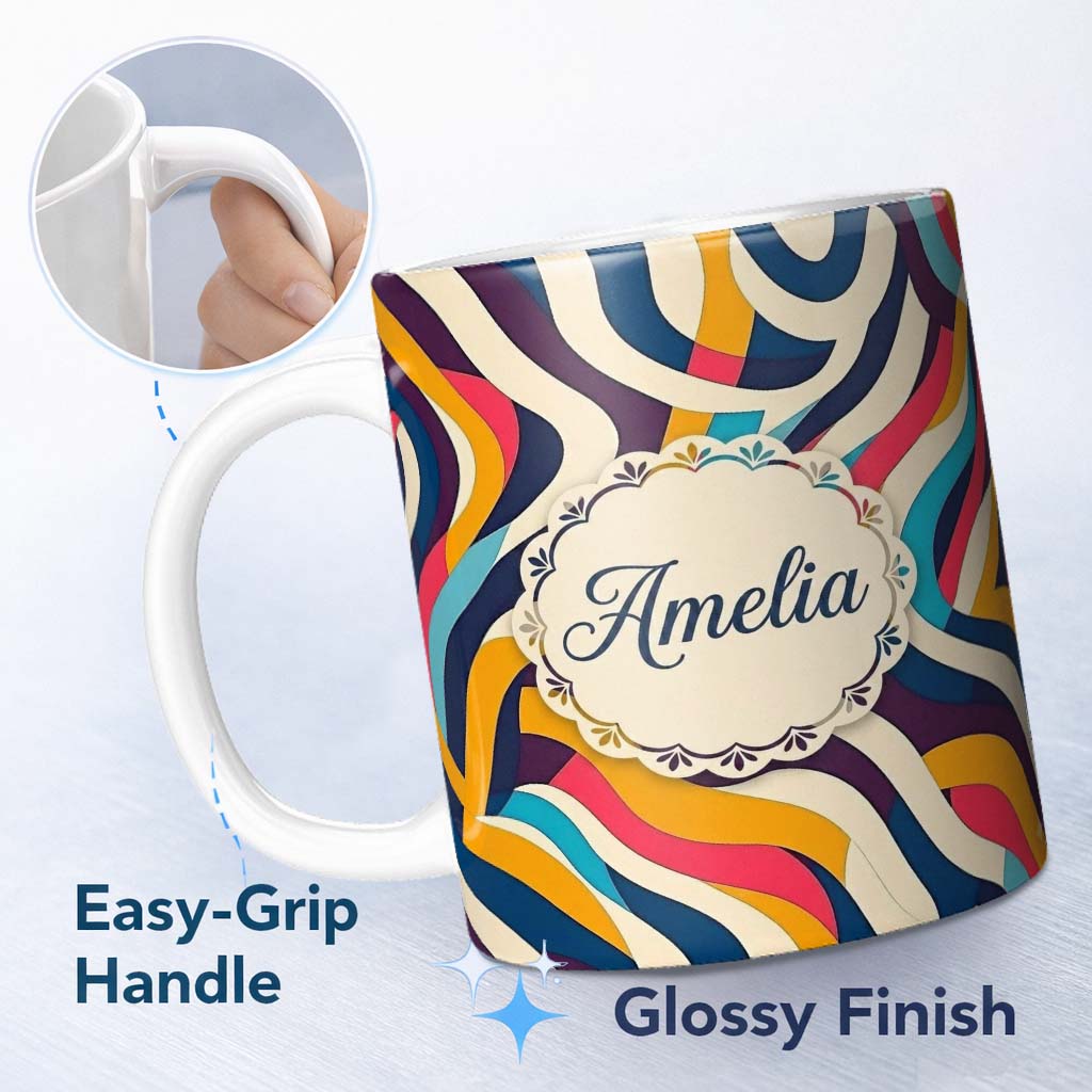 Personalized Custom Name Abstract Flowing Ribbon Waves Bold Colors Seamless Pattern Name Cute 11oz Ceramic Coffee Tea Mug White Large Handle