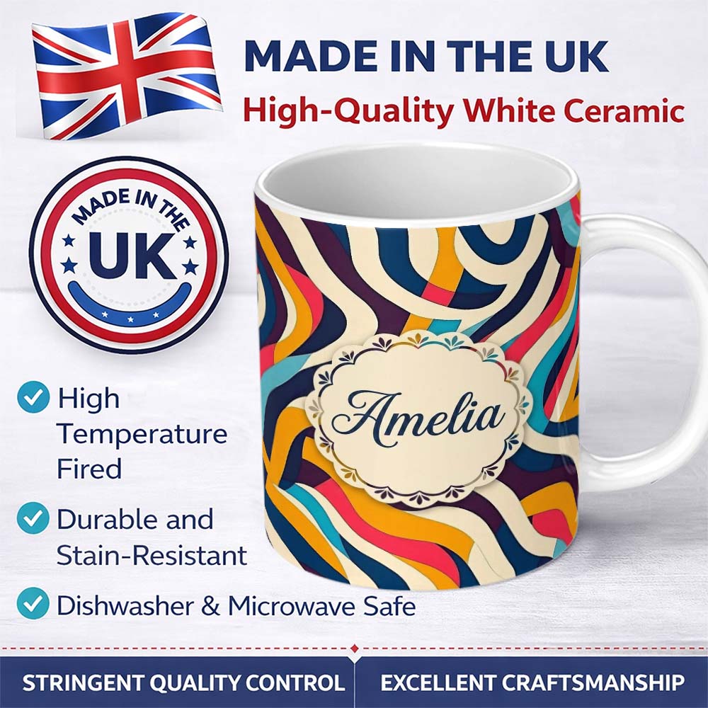 Personalized Custom Name Abstract Flowing Ribbon Waves Bold Colors Seamless Pattern Name Cute 11oz Ceramic Coffee Tea Mug White Large Handle