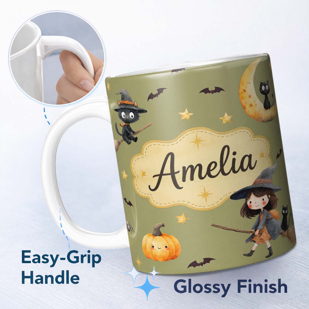 Personalized Custom Name Halloween Witch Girl Flying with Cat, Bats, Stars Olive Green Lovely 11oz Ceramic Coffee Tea Mug White Large Handle