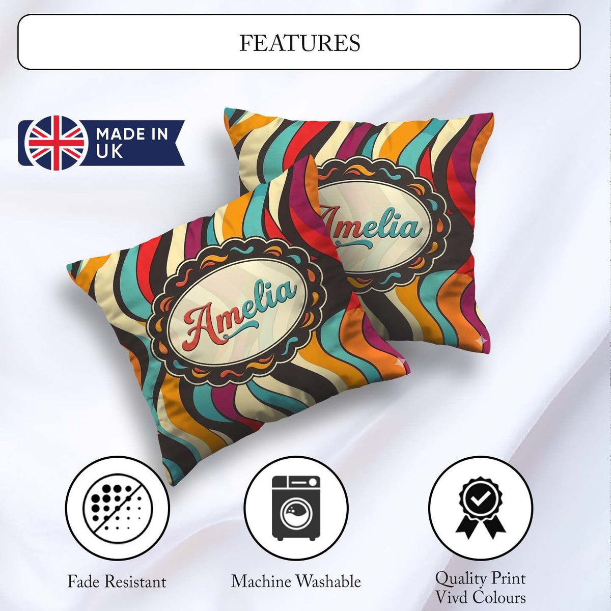 Custom Name Abstract Wavy Stripe Pattern Vibrant Color Flow Name Square Filled Cushion Throw Pillow Sofa Bed Home Decor Zip Washable UK Made