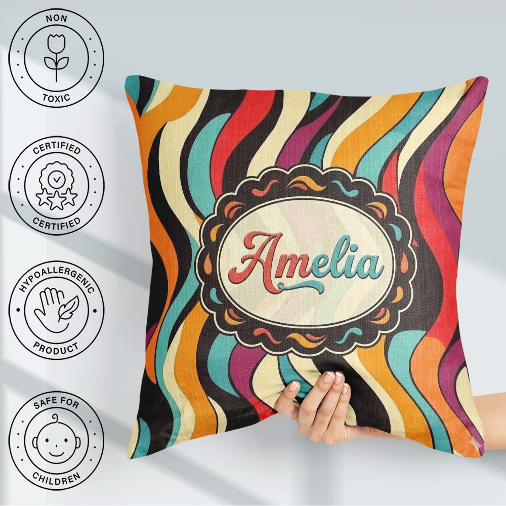 Custom Name Abstract Wavy Stripe Pattern Vibrant Color Flow Name Square Filled Cushion Throw Pillow Sofa Bed Home Decor Zip Washable UK Made