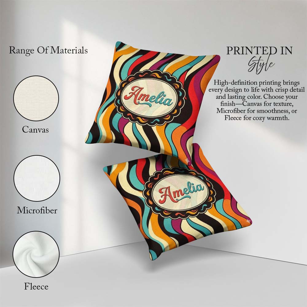 Custom Name Abstract Wavy Stripe Pattern Vibrant Color Flow Name Square Filled Cushion Throw Pillow Sofa Bed Home Decor Zip Washable UK Made