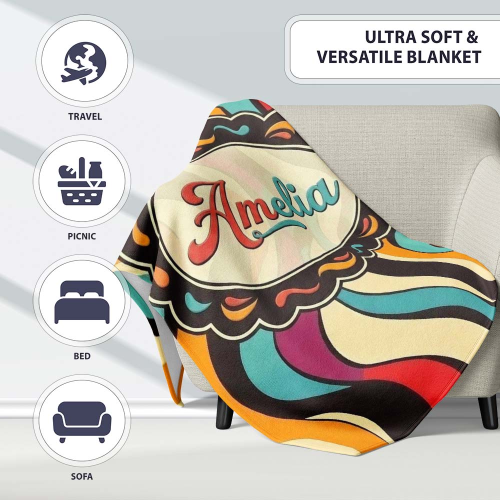 Abstract Wavy Stripe Pattern Vibrant Color Flow Seamless Name Cute Personalised Custom Name Super Soft Fleece Blanket Bed Sofa Throw
