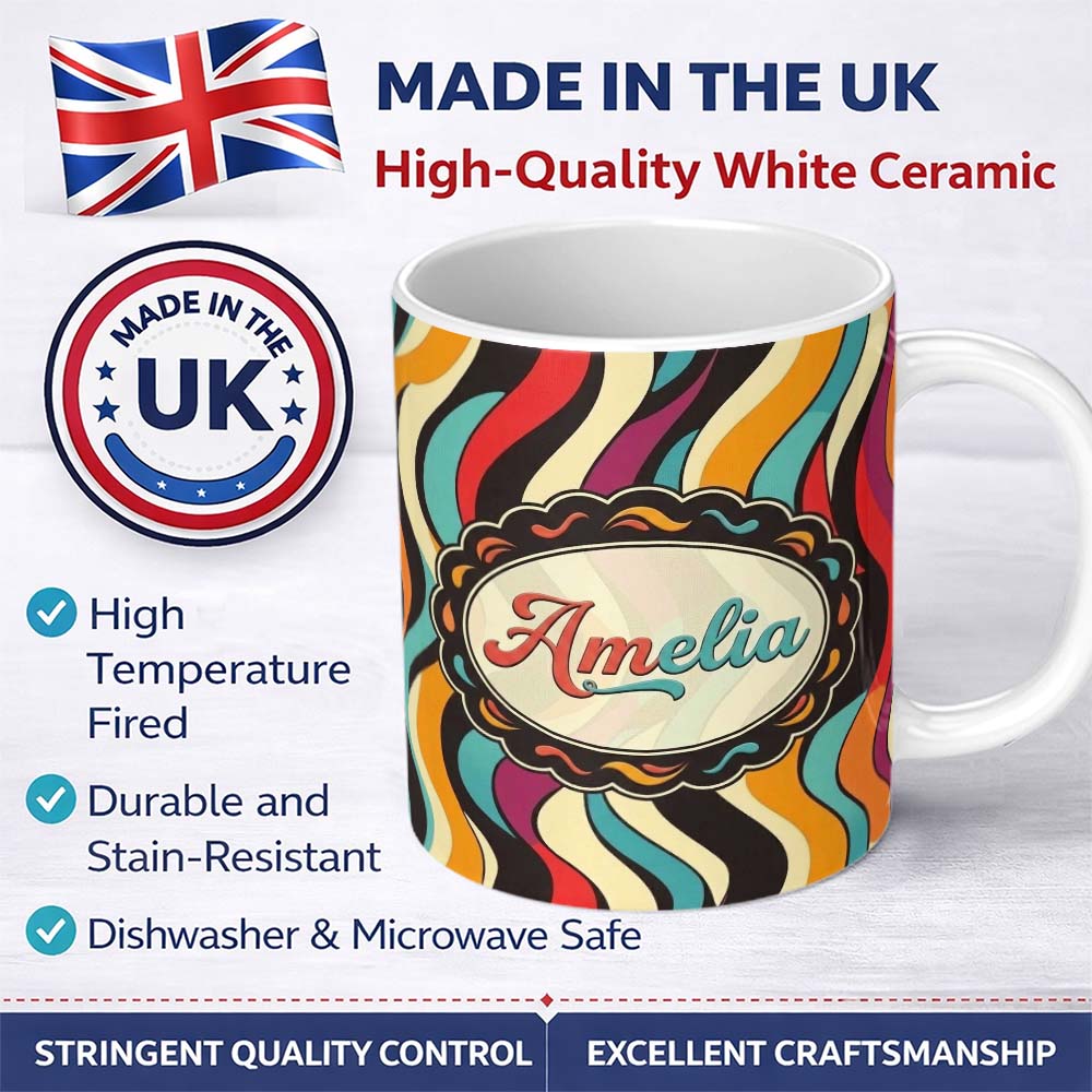 Personalized Custom Name Abstract Wavy Stripe Pattern Vibrant Color Flow Seamless Name Cute 11oz Ceramic Coffee Tea Mug White Large Handle
