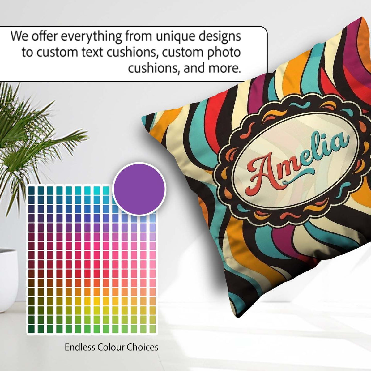 Custom Name Abstract Wavy Stripe Pattern Vibrant Color Flow Name Square Filled Cushion Throw Pillow Sofa Bed Home Decor Zip Washable UK Made