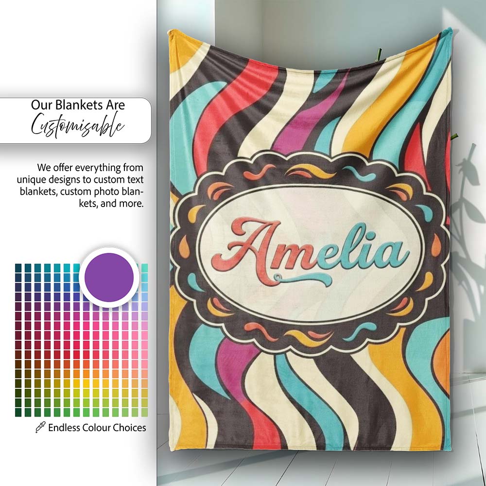 Abstract Wavy Stripe Pattern Vibrant Color Flow Seamless Name Cute Personalised Custom Name Super Soft Fleece Blanket Bed Sofa Throw