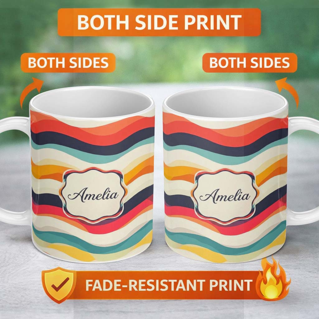 Personalized Custom Name Abstract Soft Gradient Wave Layers Calm Modern Style Seamless 11oz Ceramic Coffee Tea Mug White Large Handle