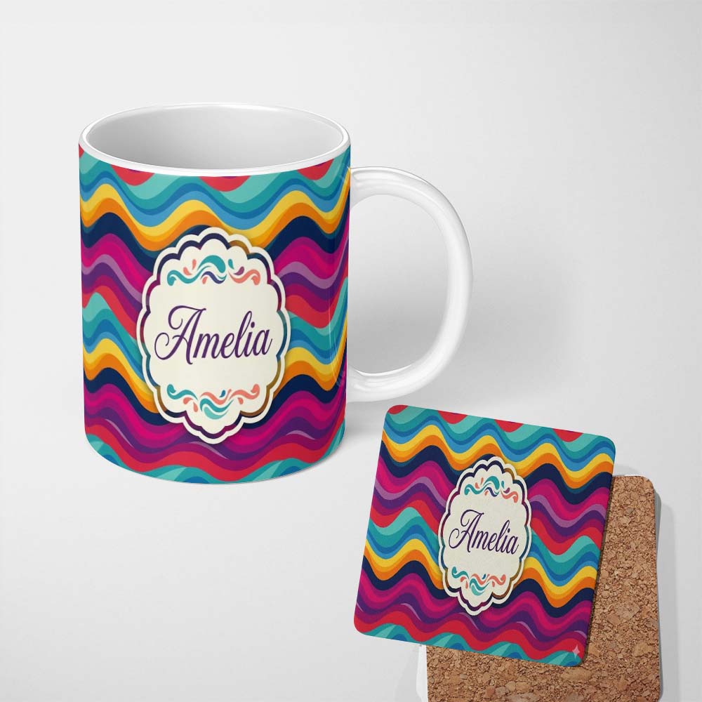 Personalized Custom Name Abstract Curved Ribbon Layers Bright Color Motion Seamless Pattern 11oz Ceramic Coffee Tea Mug White Large Handle