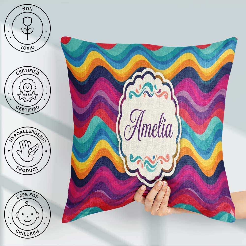 Custom Name Abstract Curved Ribbon Layers Bright Motion Seamless Square Filled Cushion Throw Pillow Sofa Bed Home Decor Zip Washable UK Made
