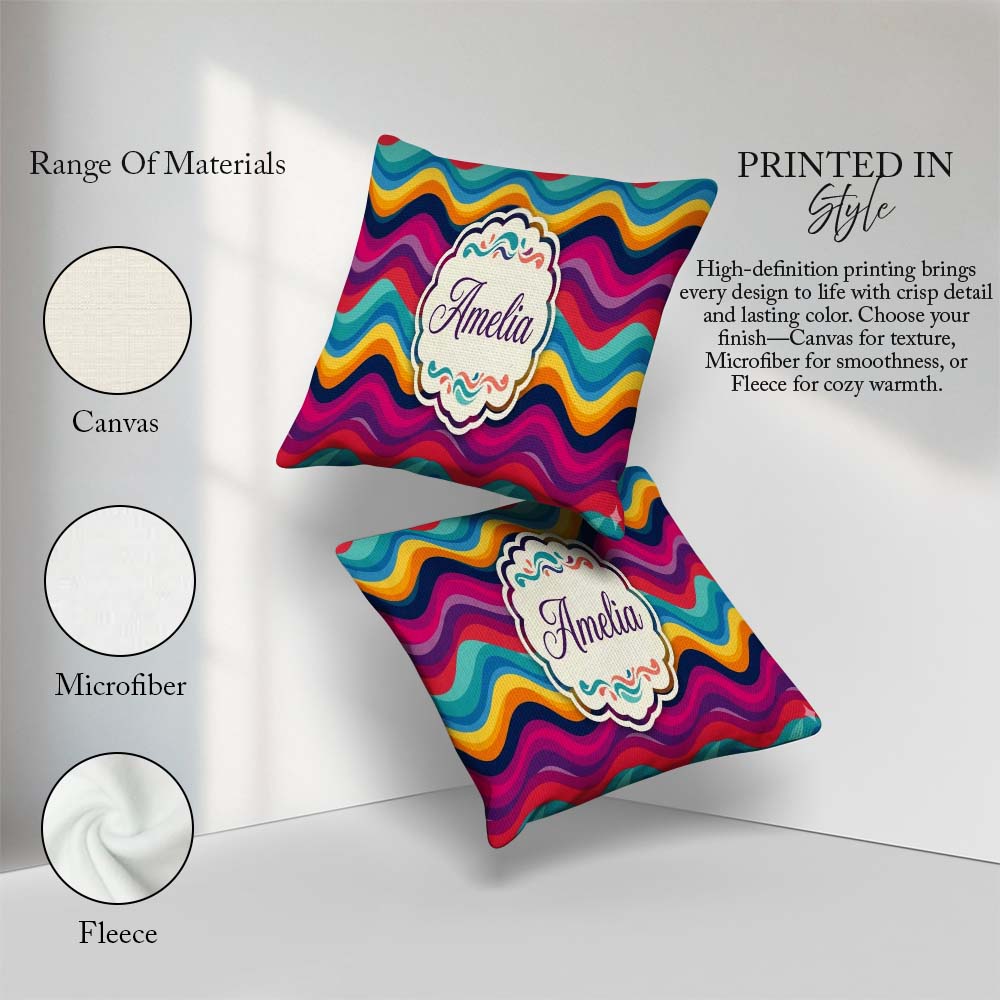 Custom Name Abstract Curved Ribbon Layers Bright Motion Seamless Square Filled Cushion Throw Pillow Sofa Bed Home Decor Zip Washable UK Made